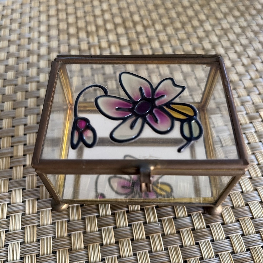 vintage glass and brass Floral footed Hinged trinket jewelry box 3"
